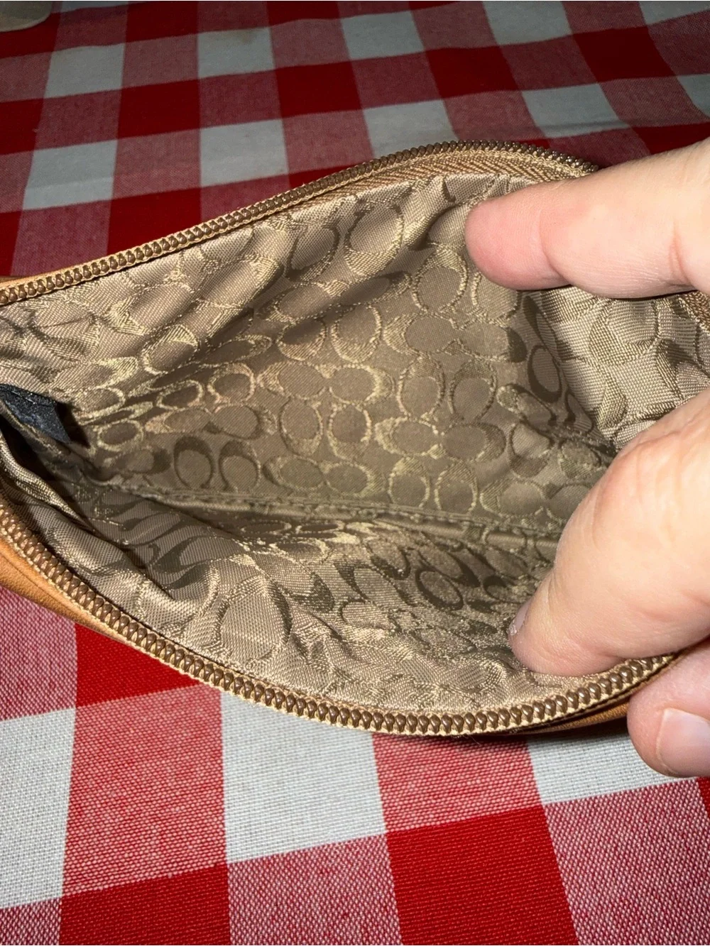Coach Tan Leather Wristlet Clutch with Buckle Detail